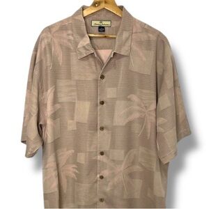 Silk Tommy Bahama Mens Hawaiian Shirt Size XL Tan Pink Tropical Print Button Up